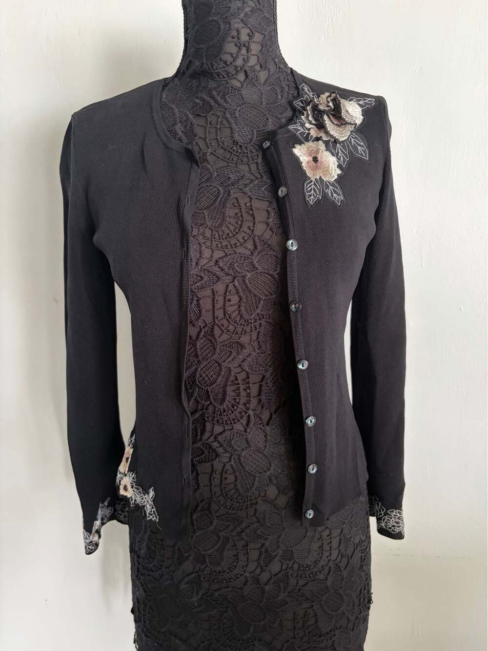 BCBGMAXAZRIA Black Cardigan Sweater with Floral Embroidery Size M